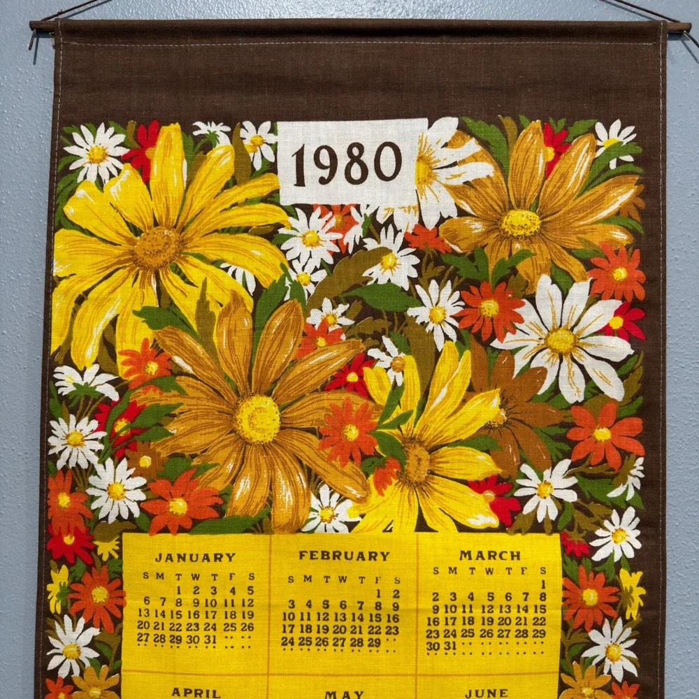 Vintage 1980 Linen Calendar Wall Hanging Towel Floral Daisy Valli Brown Yellow